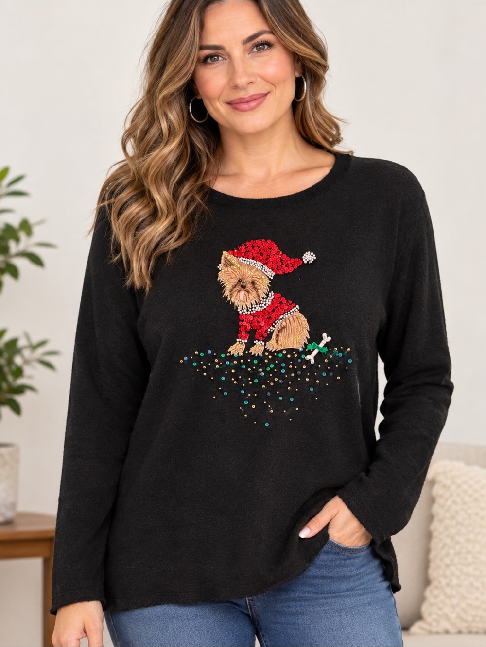 berek Black Knit Sweater with Red Sequin Accent